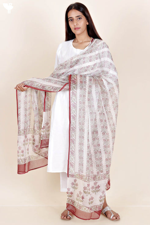 Kota Doria Dupatta In Floral Block Print